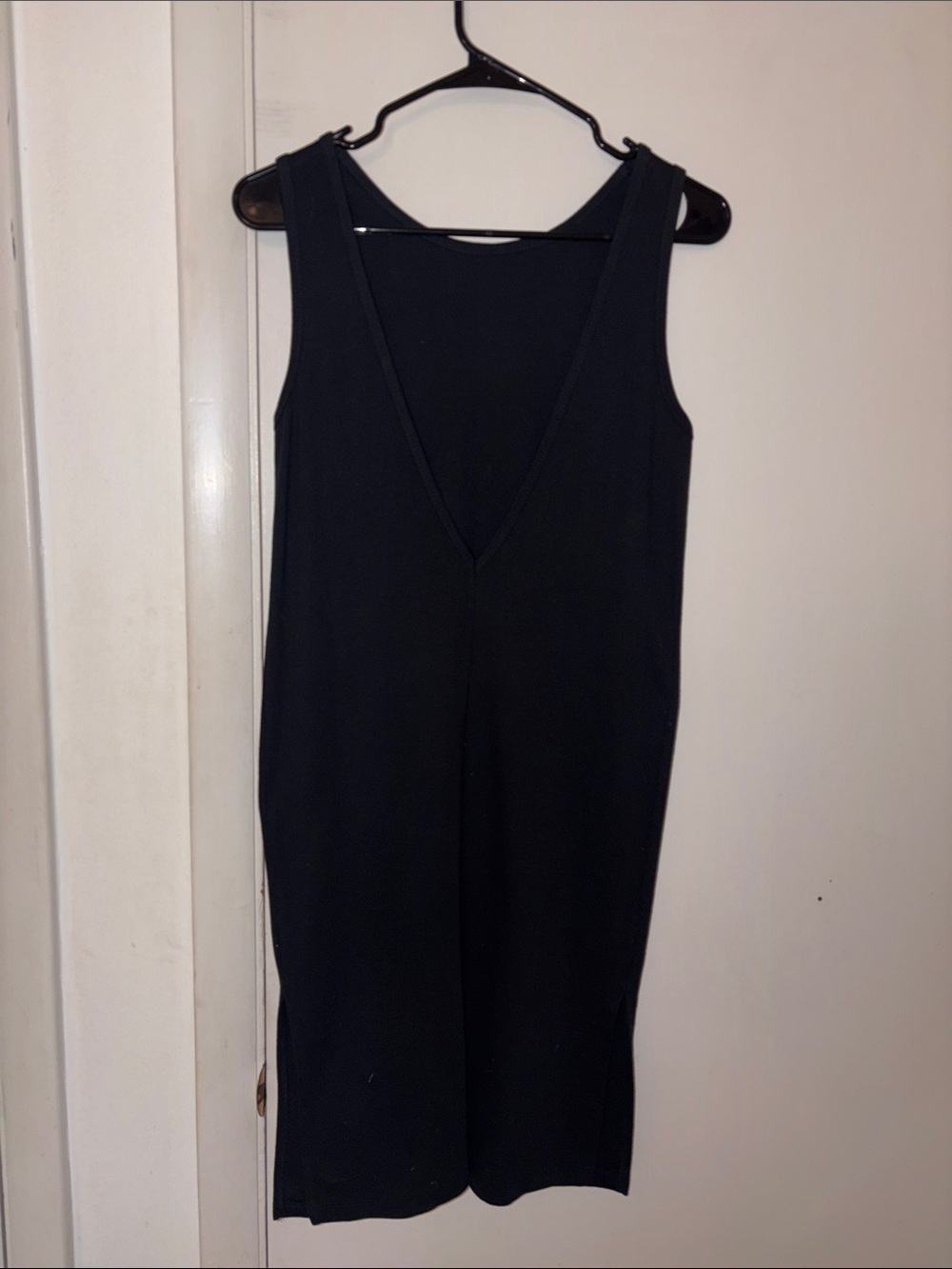 Black Sleeveless V-Neck Midi Shift Dress Side Slits Ponte Knit